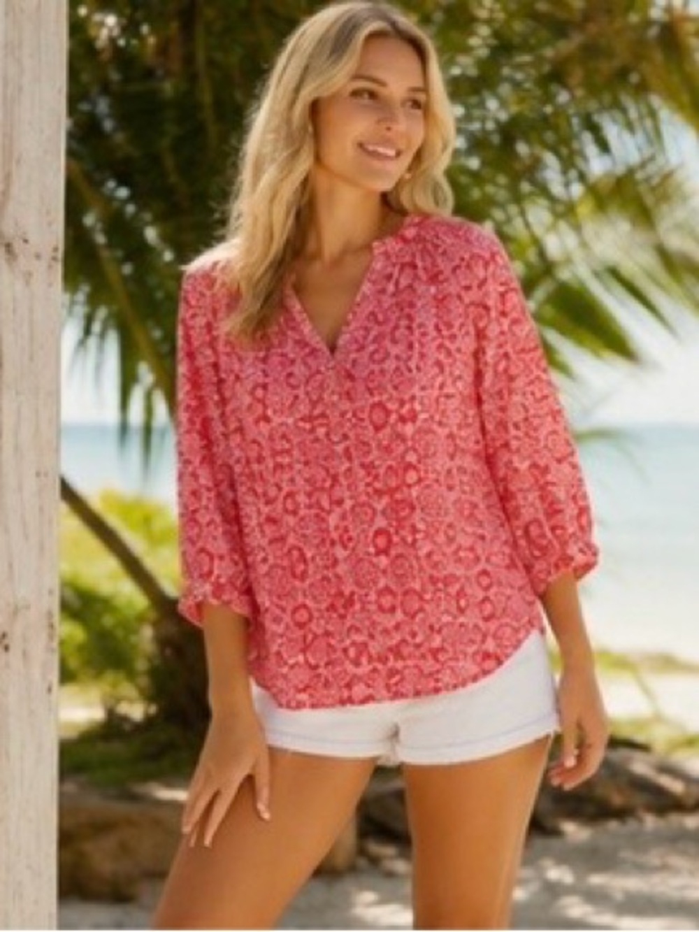 Anne Carson Rayon Peasant Blouse Coral Pink White XL Boho Tunic NWOT